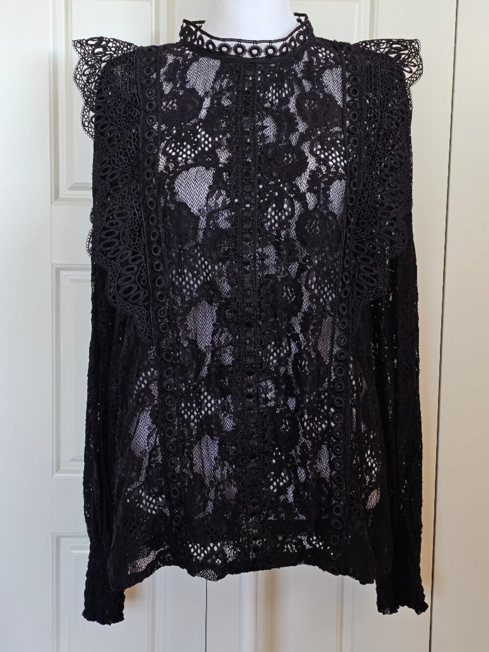 Victorian Gothic Black Lace Ruffle Blouse XL Cable & Gauge Romantic Sheer